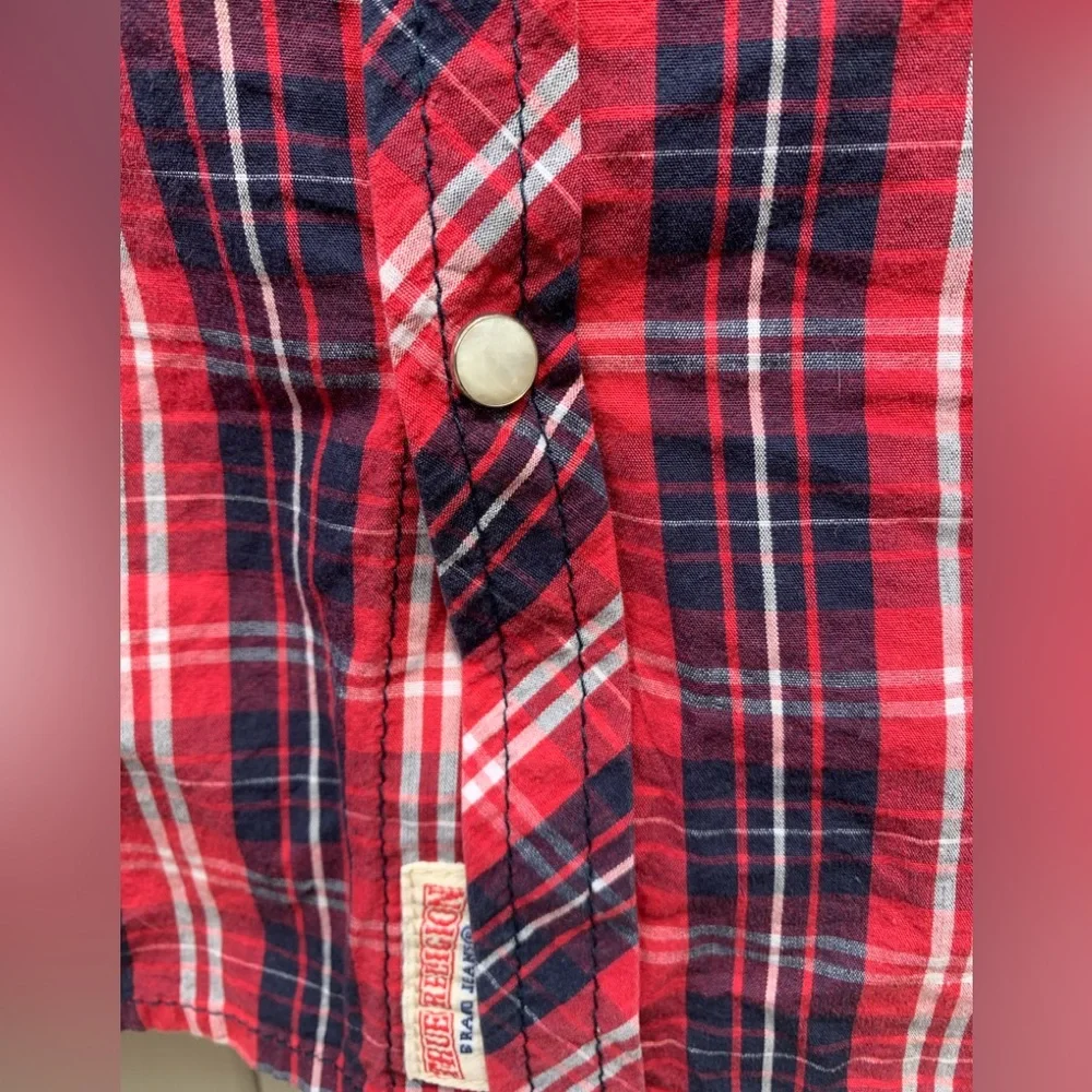TRUE RELIGION Western Pearl Snap Red Blue Plaid Cowboy Shirt Size L